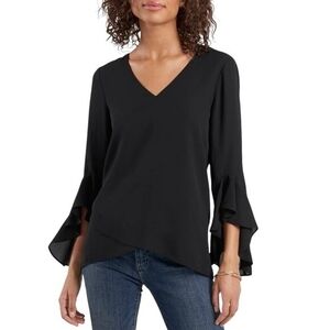 Karen Kane Women's Black Asymmetrical Crepe Blouse M V-Neck 3/4 Flutter Sleeve